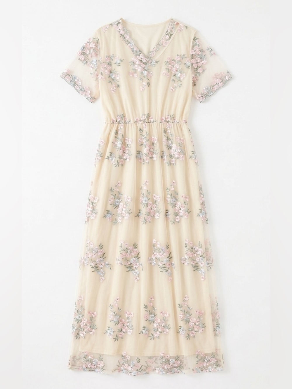 Cottagecore Floral Embroidered Maxi Dress Women’s Large Sheer Garden Party